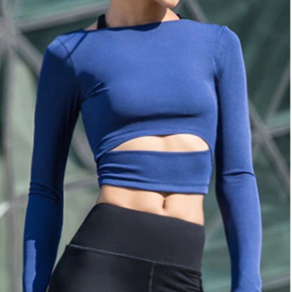 NEW SEAMLESS SCULPT Navy Blue RIBBED LONG Slv CUT OUT VITAL GYM WORKOUT Crop TOP - Picture 2 of 4